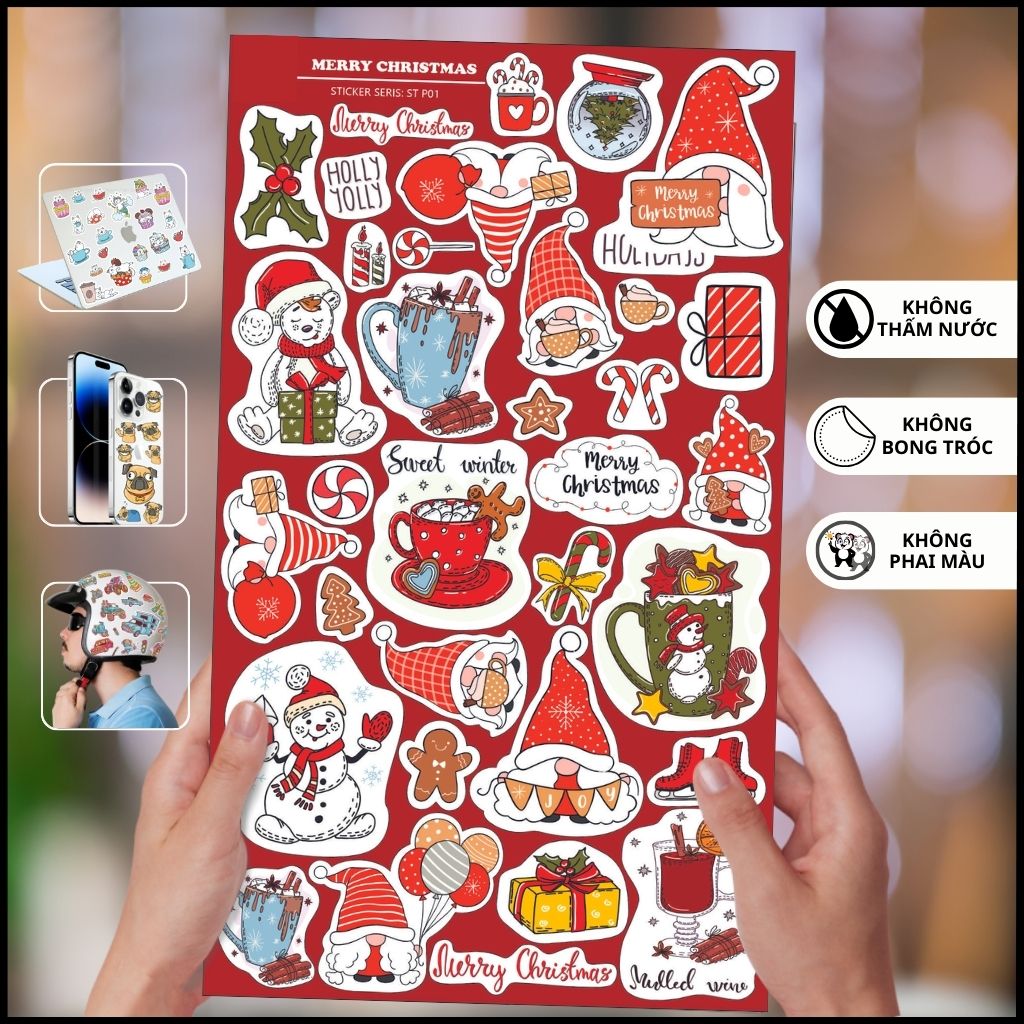 Hình dán Sticker giáng sinh noel ST P01 chống thấm xước dán trên mọi bề mặt dễ dàng gỡ bỏ không để lại keo phụ kiện huỳnh tân store