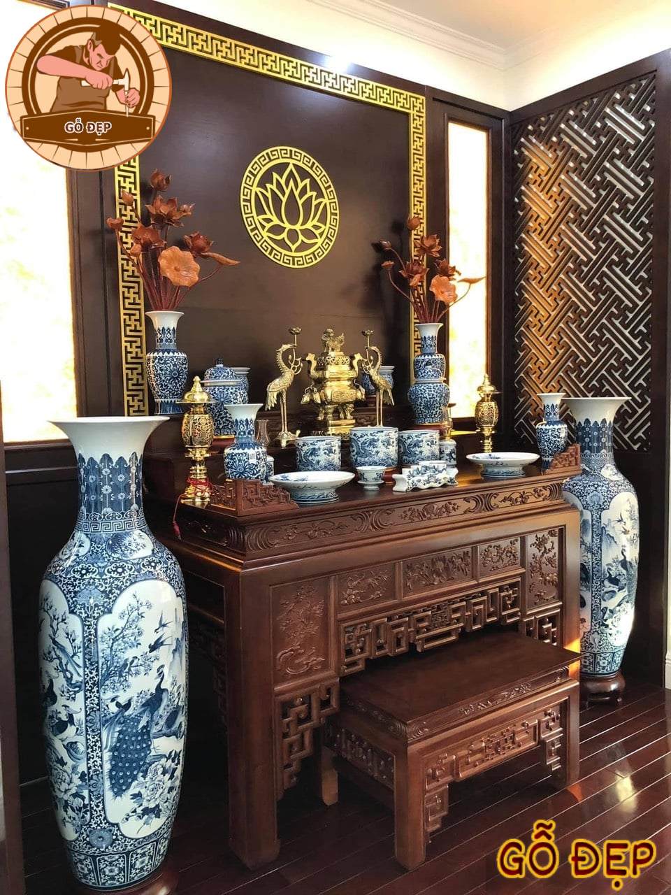 Mẫu bàn thờ gỗ gõ 3 tầng - kích thước chuẩn lỗ ban