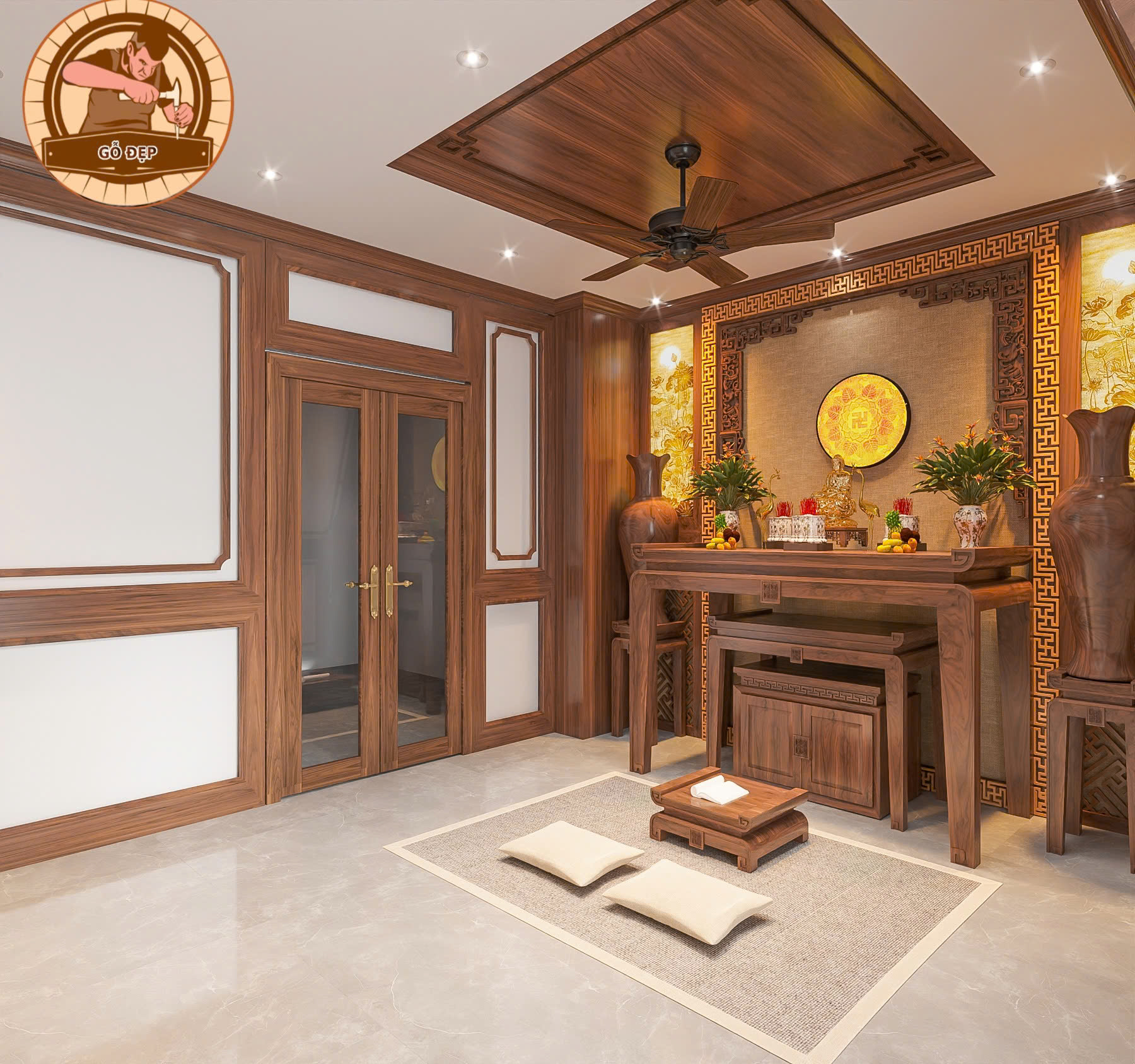 Bàn thờ chất liệu gỗ óc chó, thiết kế cho nhà biệt thự