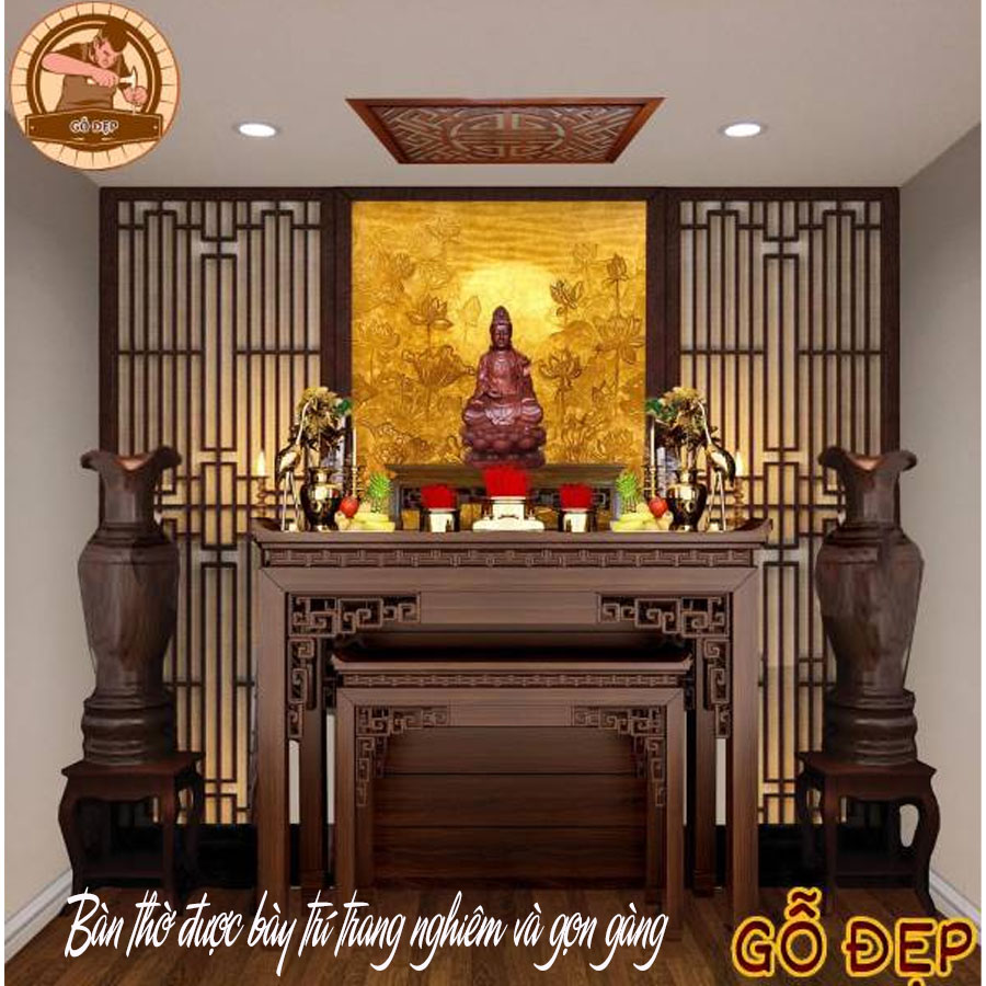 Bàn thờ Phật 2 tầng được bày trí trang nghiêm và gọn gàng