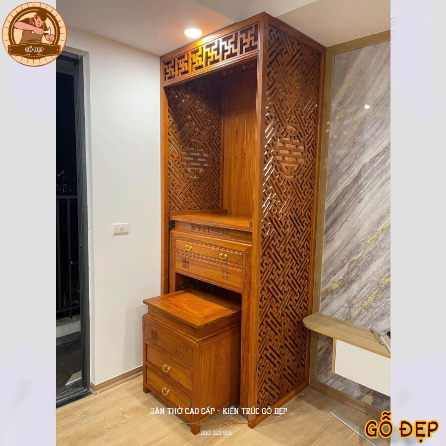 Bàn Thờ Gỗ Gõ Đỏ BT 230 - Thiết Kế Đơn giản - Kiến Trúc Gỗ Đẹp