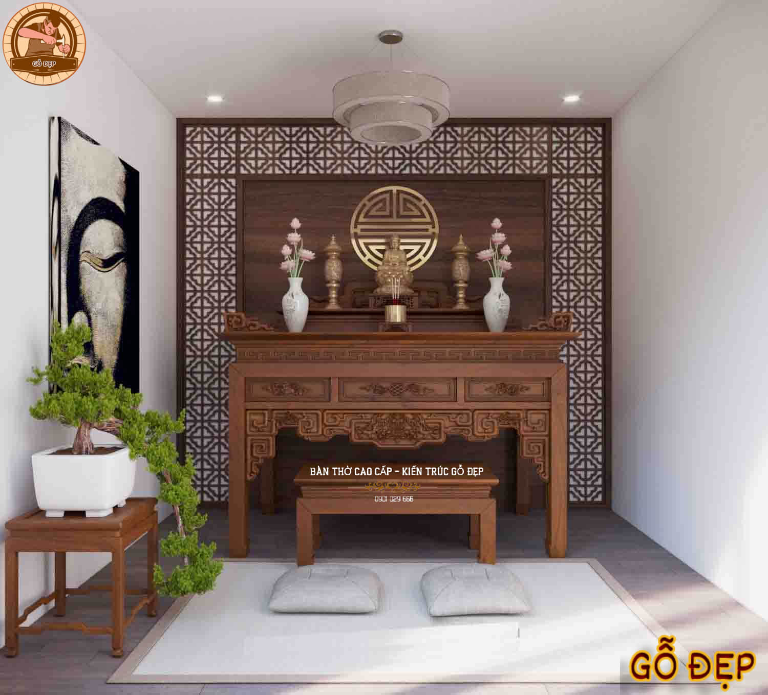 Thi công bàn thờ gỗ sồi đã hoàn thiện