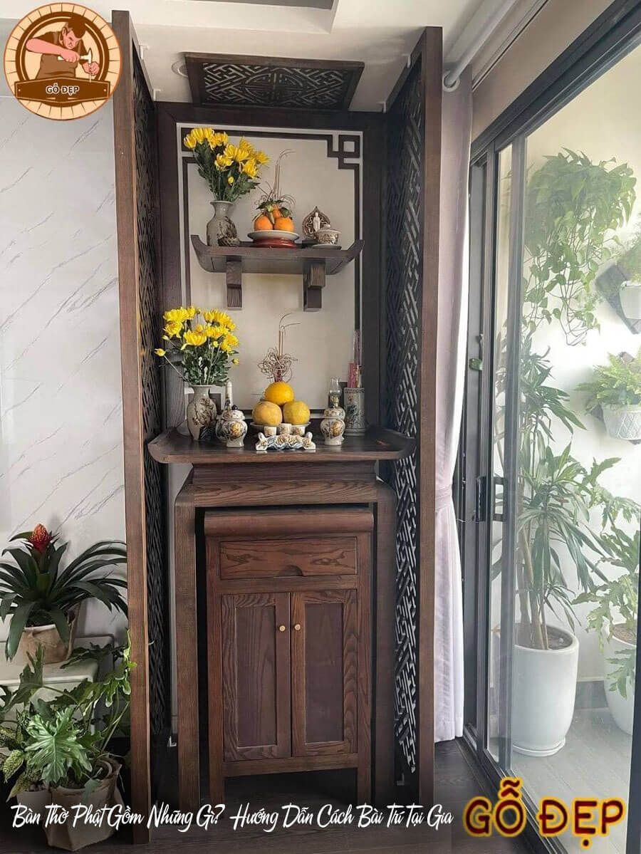 Bàn thờ Phật 2 tầng với lễ vật cân đối