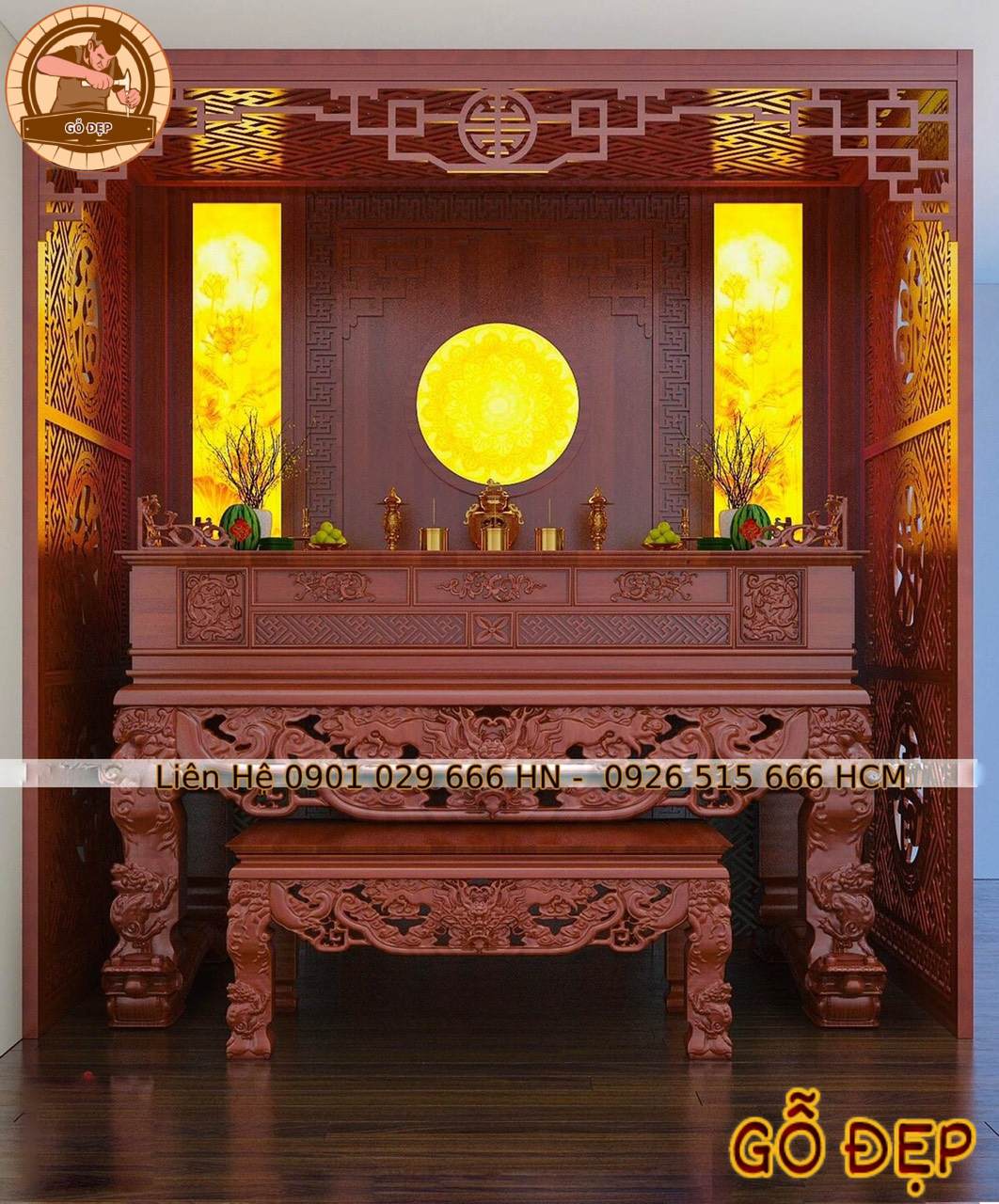 Sập Thờ Gỗ Hương Cao Cấp Thịnh Vượng - kết hợp với tranh trúc chỉ