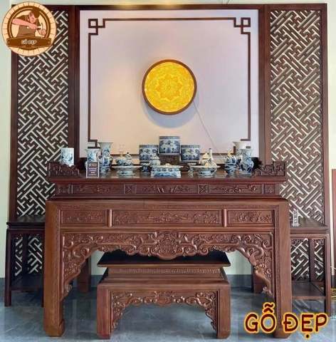 Án Gian Thờ Gỗ Hương BT 66 hiện đại kết hợp với tranh trúc chỉ đẹp