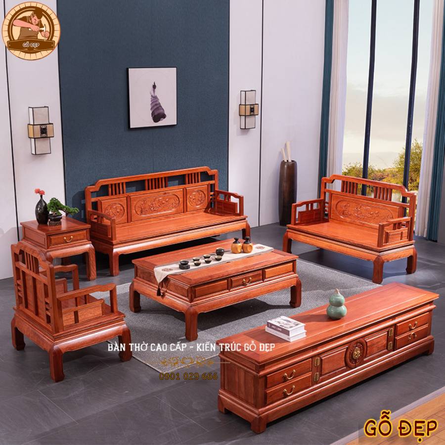 Bàn Ghế Sofa Gỗ Hương Tư Nhiên BG 168 Chất Liệu và Màu Sắc