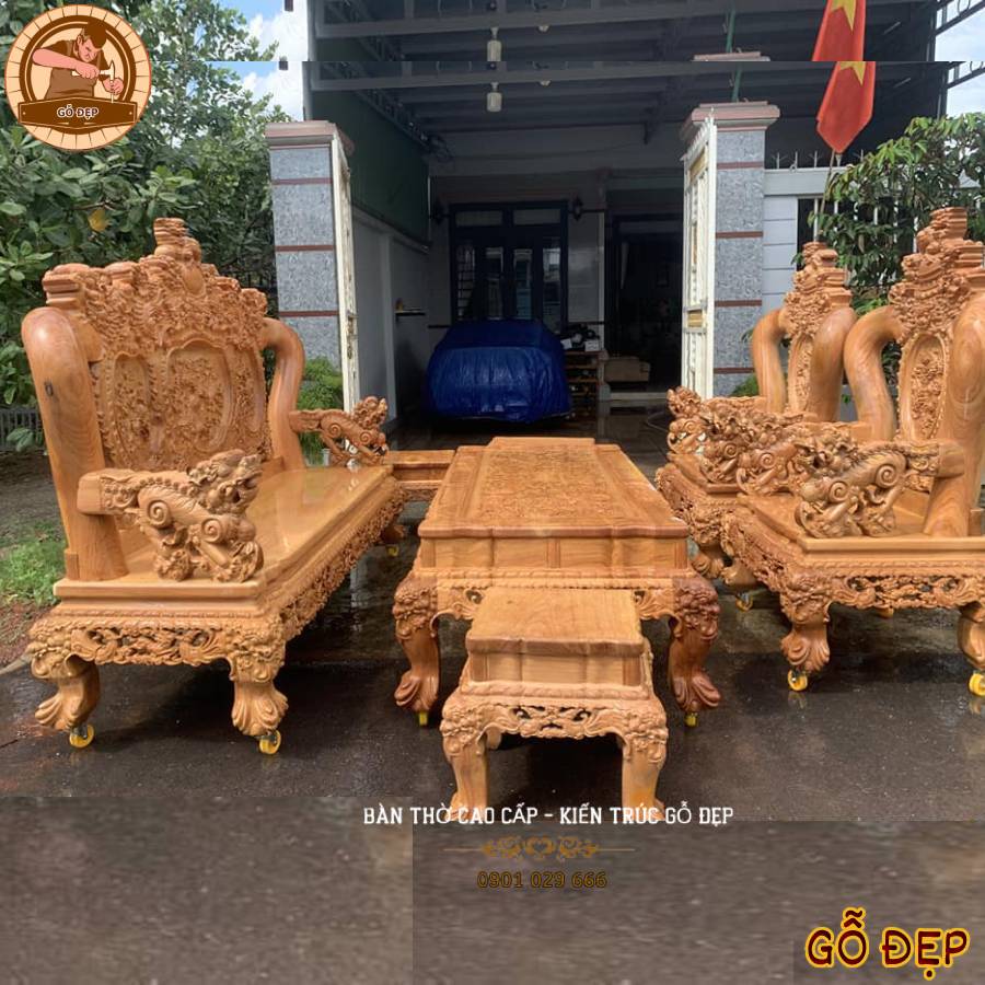 Bộ Bàn Ghế Quốc Nghê Bảo 6 Món - Sự Hòa Quyện Giữa Nét Truyền Thống và Kiến Trúc Gỗ Đẹp