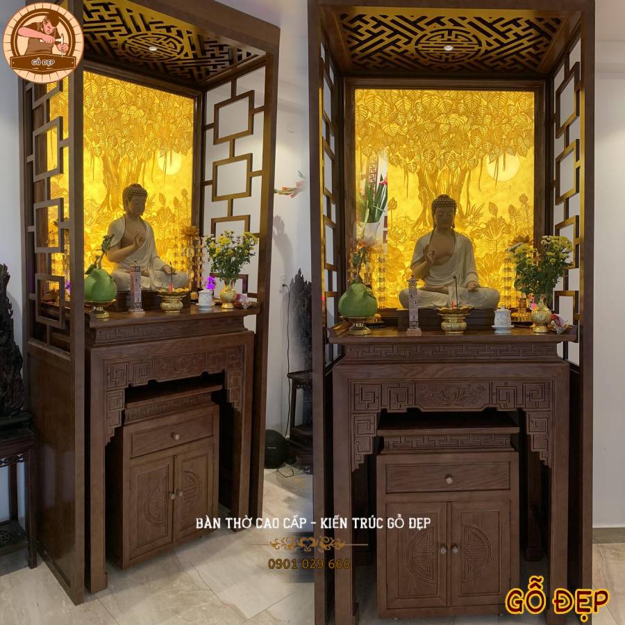 Thiết Kế Mẫu Bàn Thờ Phật Hiện Đại - kết hợp với tranh trúc chỉ