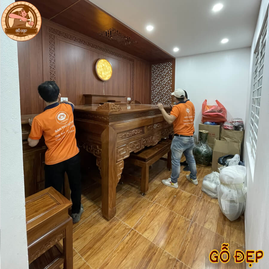 bàn giao bộ phòng thờ gỗ gõ tại ngọc thụy long biên hà nội