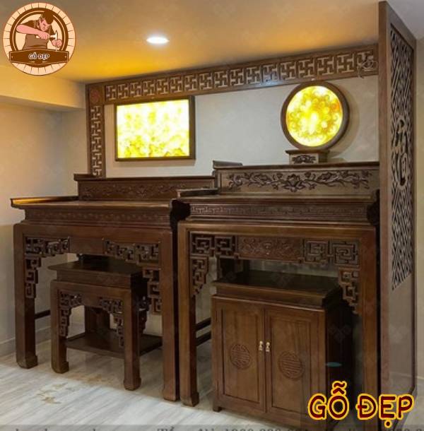 Mẫu Bàn Thờ Gia Tiên Kết Hợp Bàn Thờ Phật kết hợp với vách ngăn