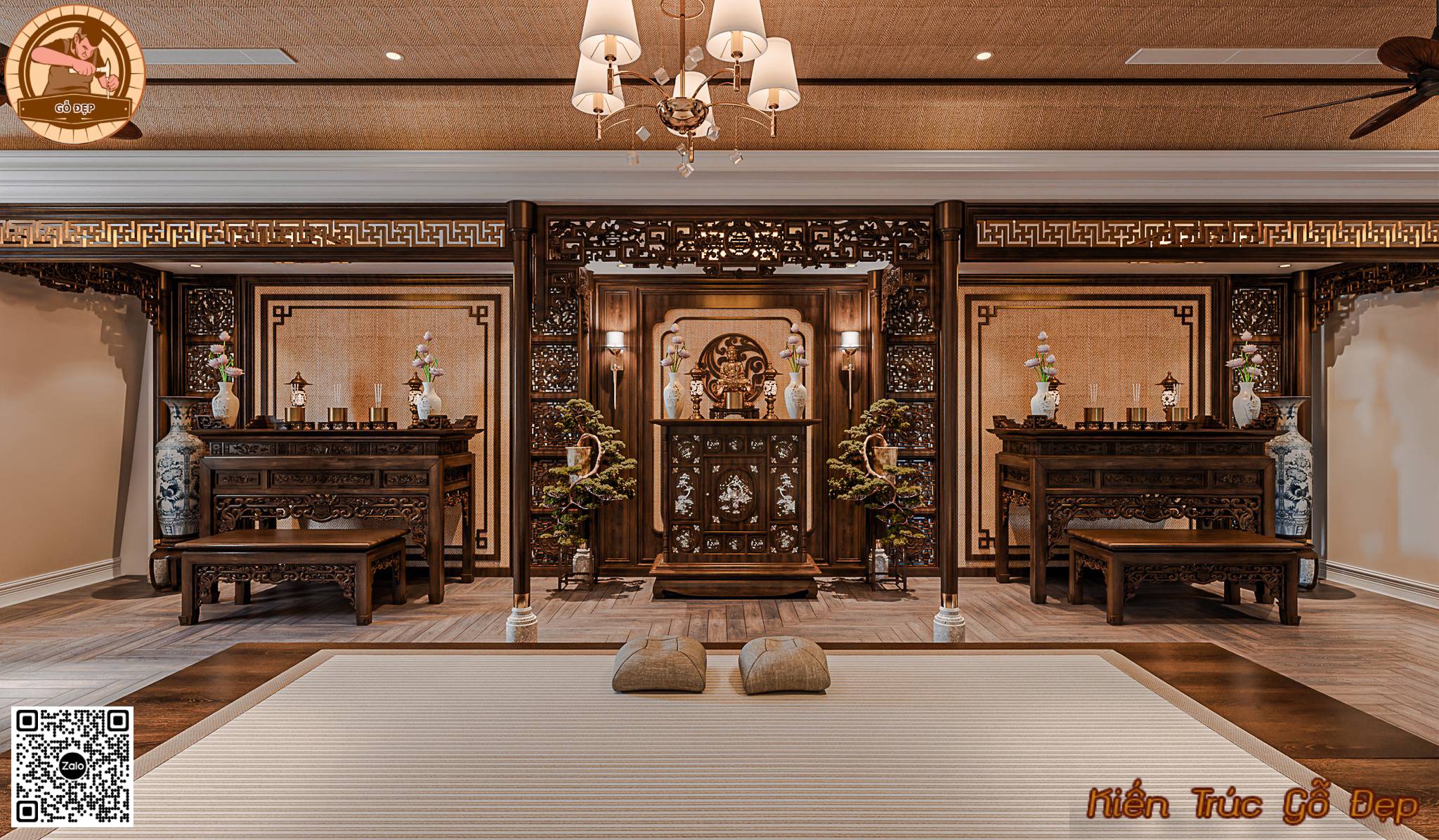 Mẫu Phòng Thờ Nhà 3 Gian Đẹp PT 22886 - Kiến Trúc Gỗ Đẹp