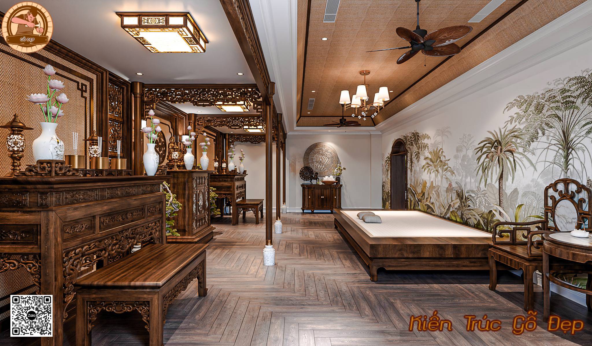 Mẫu Phòng Thờ Nhà 3 Gian Đẹp PT 22886 - Kiến Trúc Gỗ Đẹp