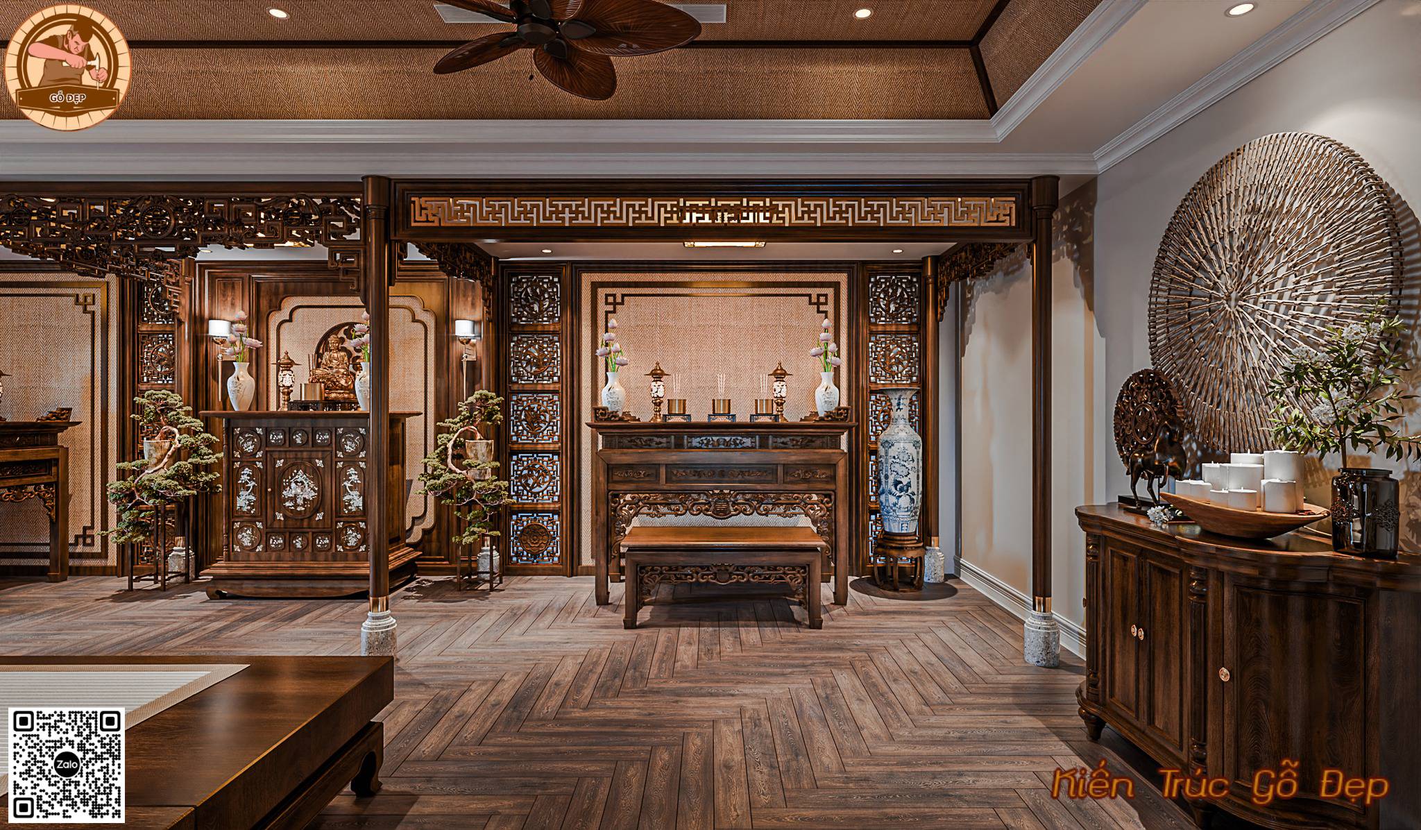 Mẫu Phòng Thờ Nhà 3 Gian Đẹp PT 22886 - Kiến Trúc Gỗ Đẹp