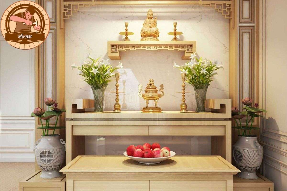 Bố trí bàn thờ Phật đẹp cùng với bàn thờ ông bà