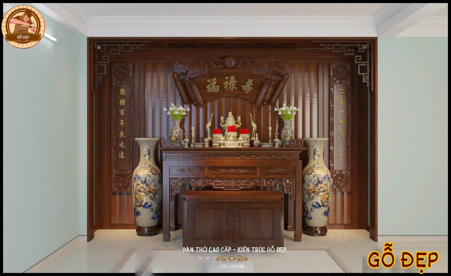 Phòng Thờ Gỗ Óc Chó Hiện Đại - PT95 - Hàng CNC Cao Cấp