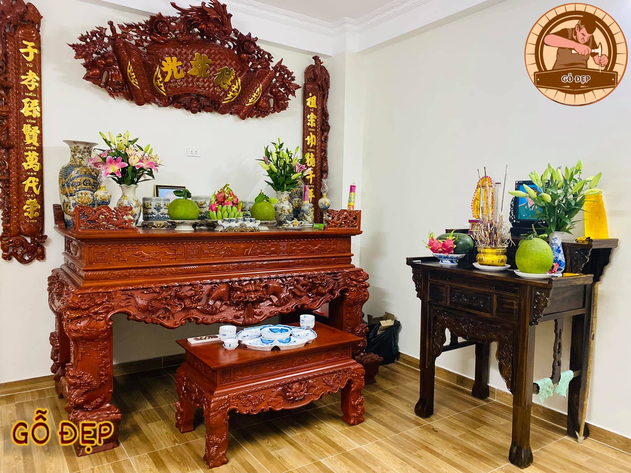 Sập Thờ Gỗ Cao Cấp Gỗ Hương - ST 09, đẹp kết hợp với hoành phi câu đối