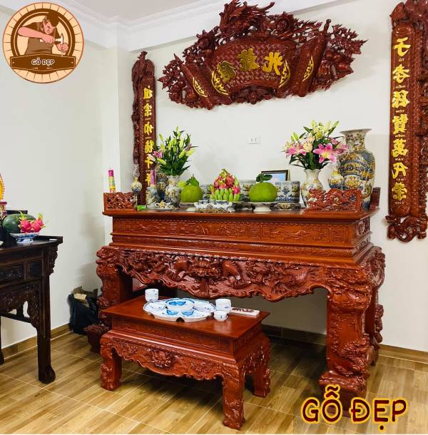 Mẫu Sập Thờ Gỗ Cao Cấp Gỗ Hương, kích thước chuẩn lỗ ban