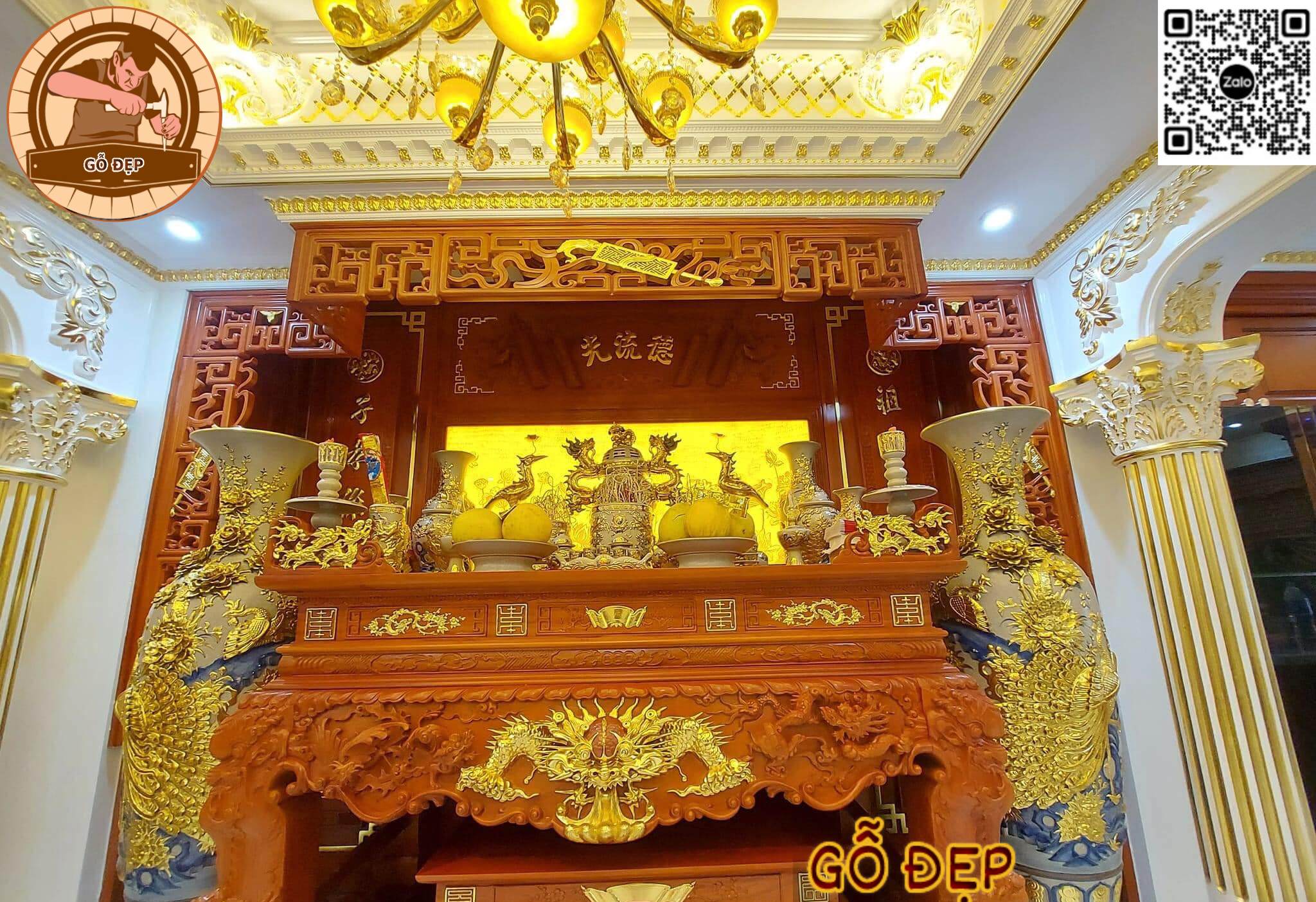 Sập Thờ Tư Linh Gỗ Gõ Dát Vàng SP 88667- Thiết Kế Cao Cấp, Sang Trọng