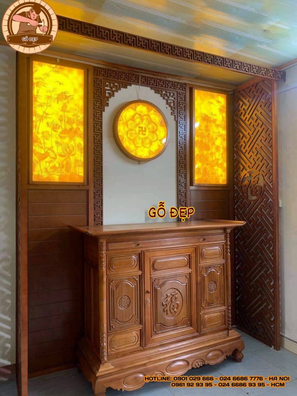 Tủ Thờ Đẹp - Tủ Thờ Cao Cấp BT 1368 - kết hợp với tranh trúc chỉ