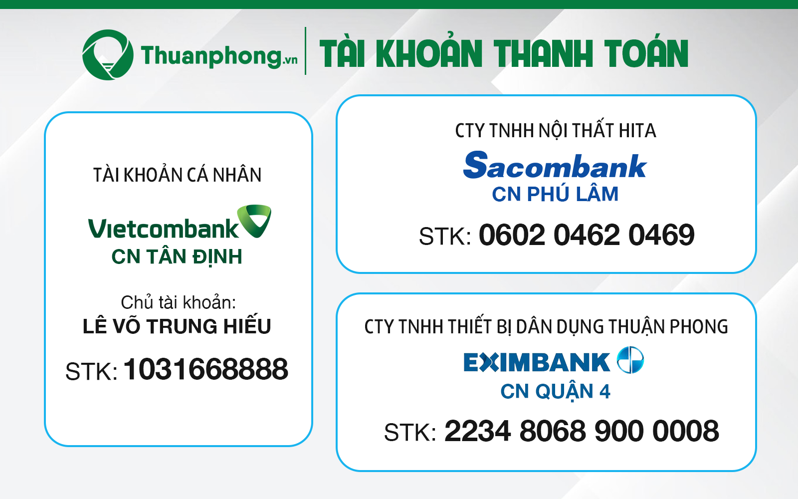 Thông tin thanh toán khi mua hàng tại công ty Thuận Phong
