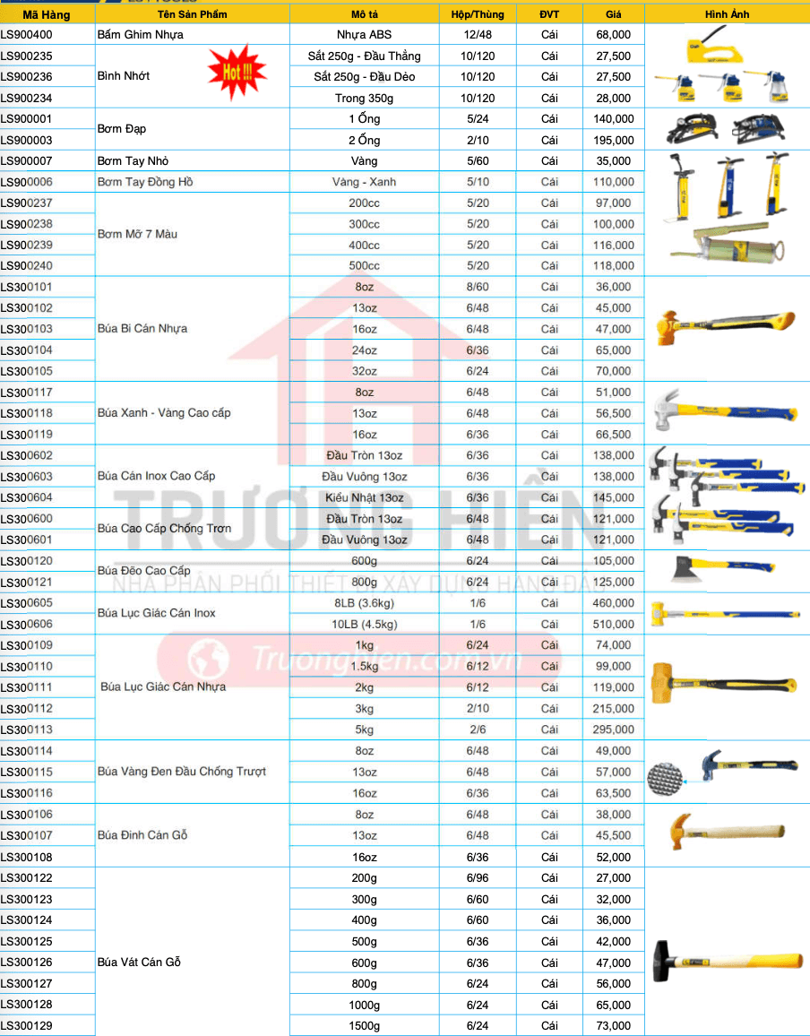 Bảng giá các loại búa LS thông dụng trên thị trường