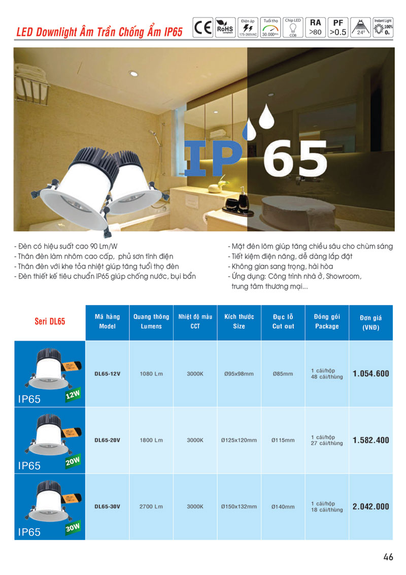 Bảng giá LED Downlight âm chống ẩm IP65