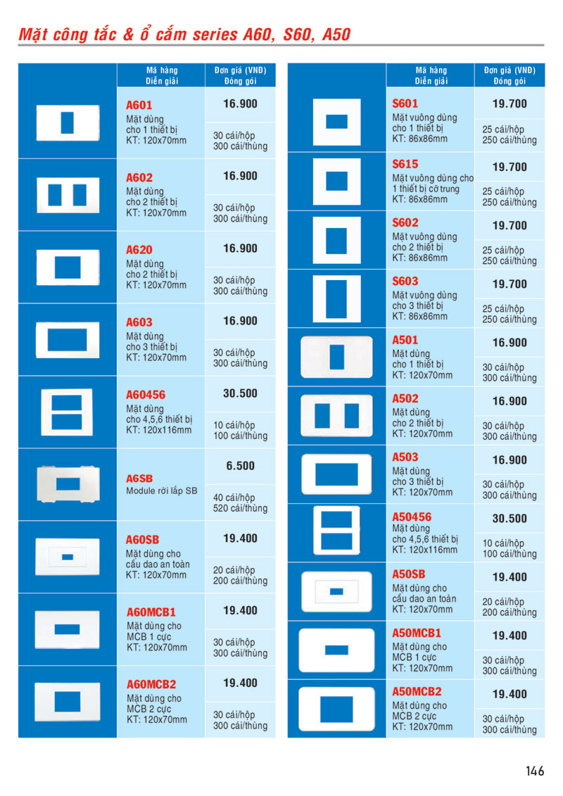 Bảng giá công tắc, ổ cắm MPE seri A60, S60, A50