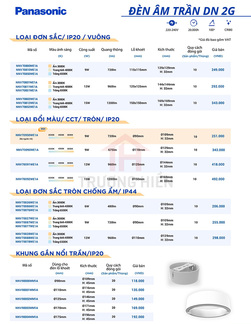 catalogue và báo giá đèn âm trần DN 2G của Panasonic