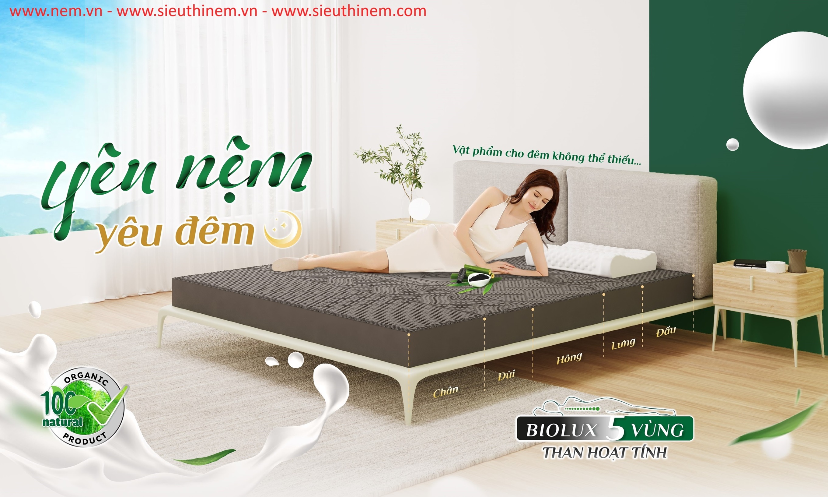 BIOLUX - NỆM CAO SU KIM CƯƠNG 5 VÙNG THAN HOẠT TÍNH