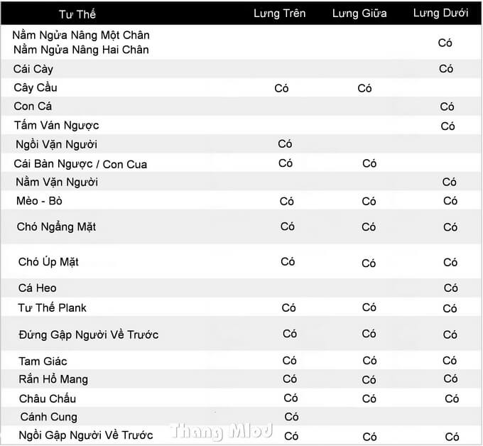 Bảng tổng hợp tác dụng của mỗi tư thế đến các phần lưng