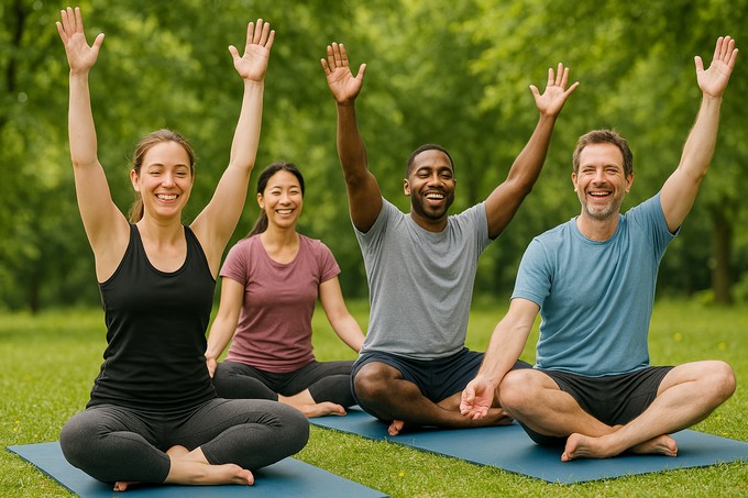 Nhóm người tập yoga vui vẻ, khỏe mạnh và thoải mái