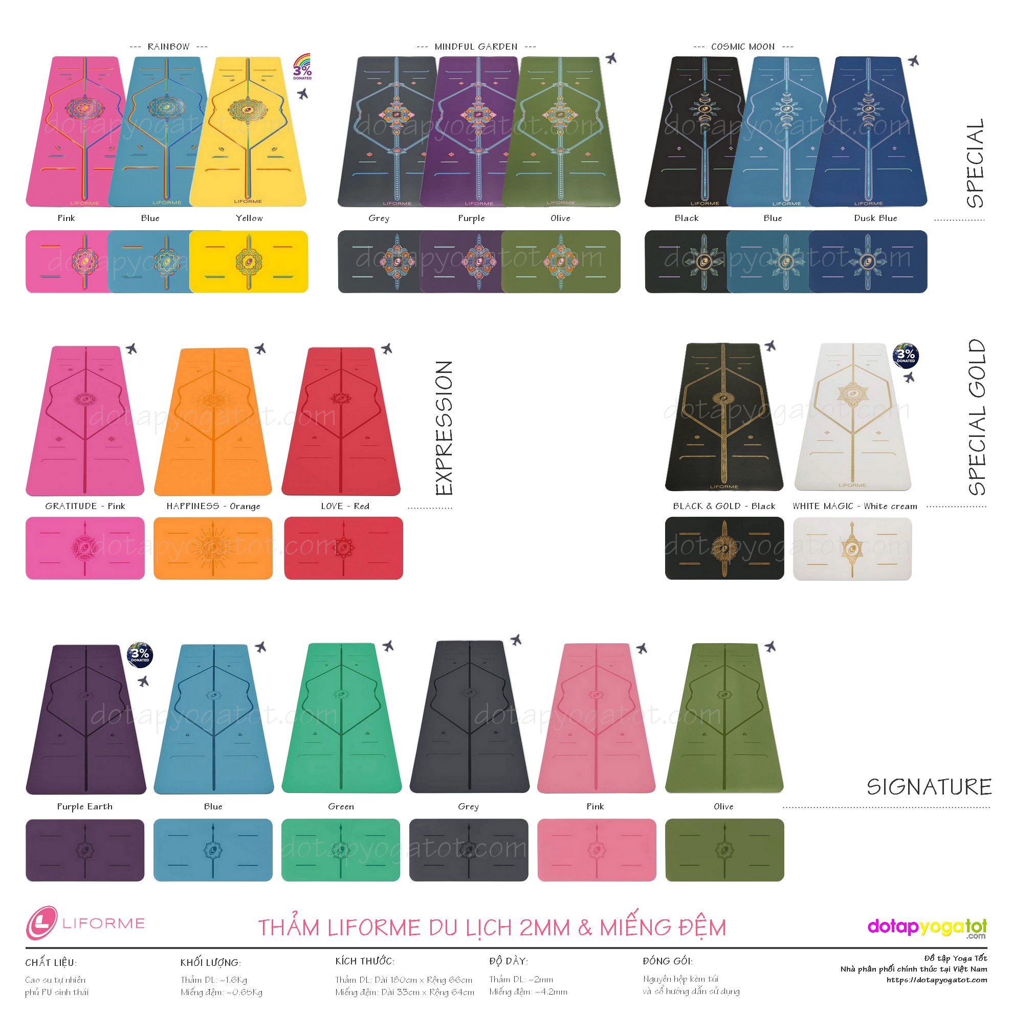 Bảng màu tất cả các mẫu thảm yoga du lịch Liforme 2mm