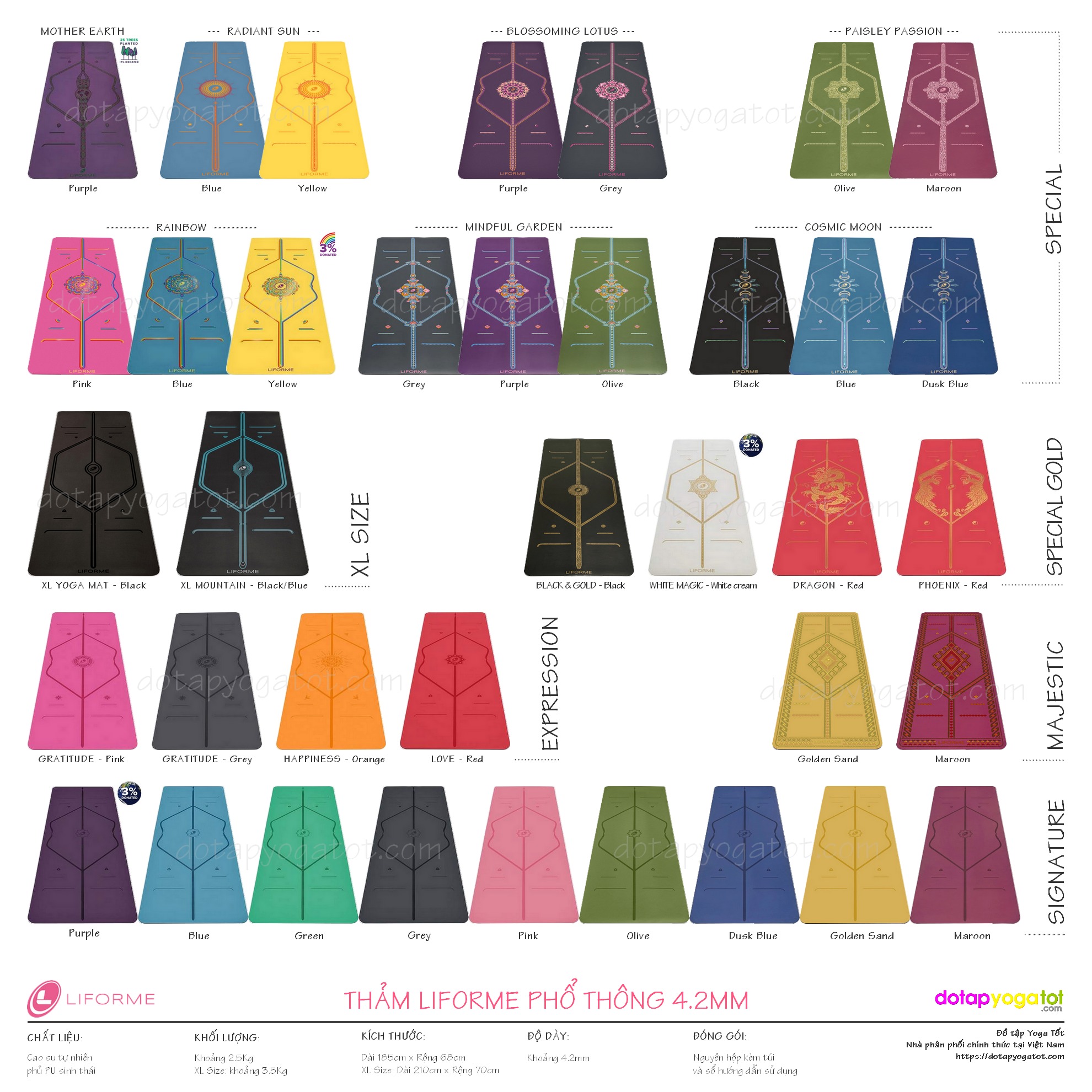 Bảng màu và thiết kế tất cả các mẫu thảm yoga Liforme phổ thông dày 4.2mm