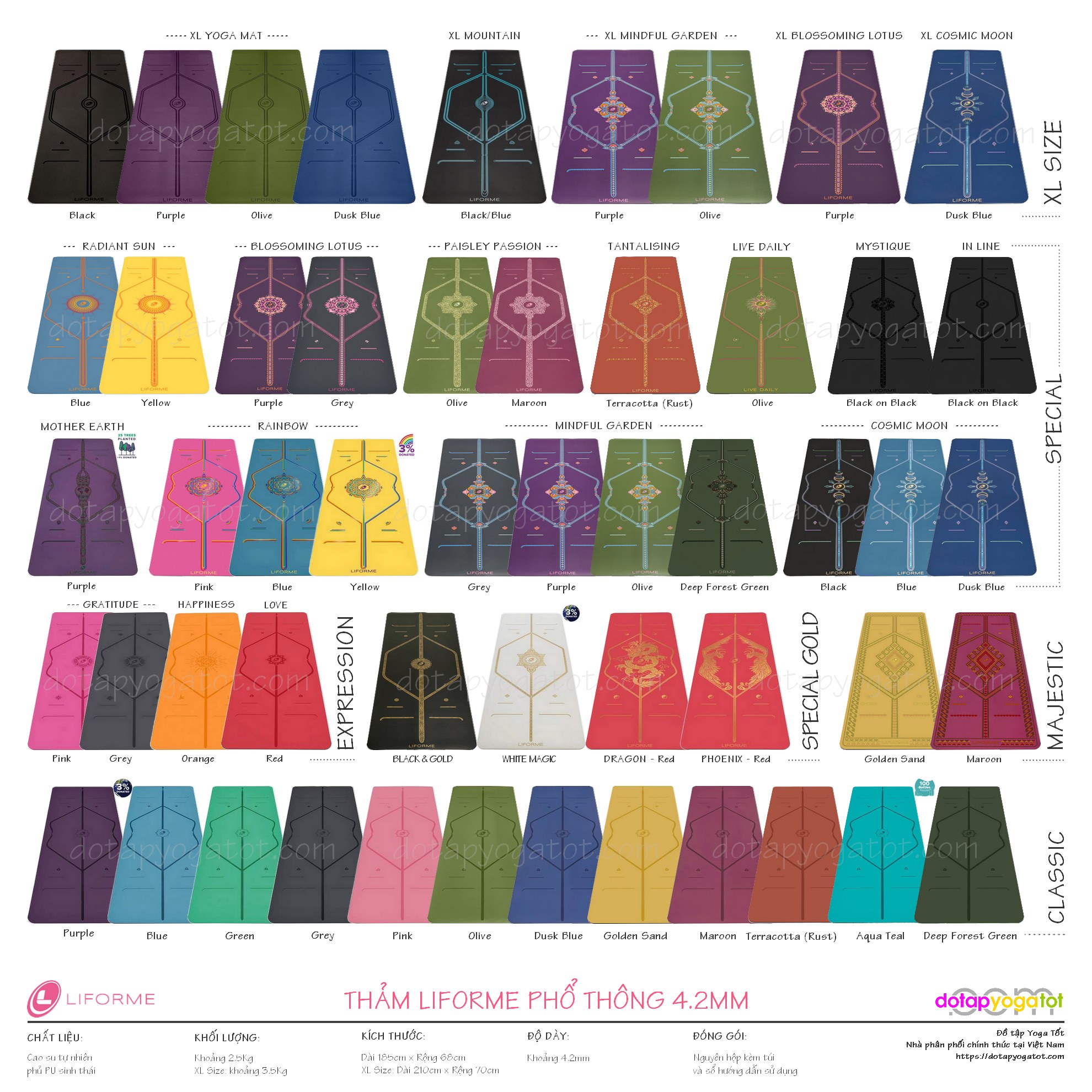 Hình ảnh thiết kế và màu sắc các mẫu thảm Liforme phiên bản phổ thông dày 4.2mm dùng cho luyện tập hàng ngày