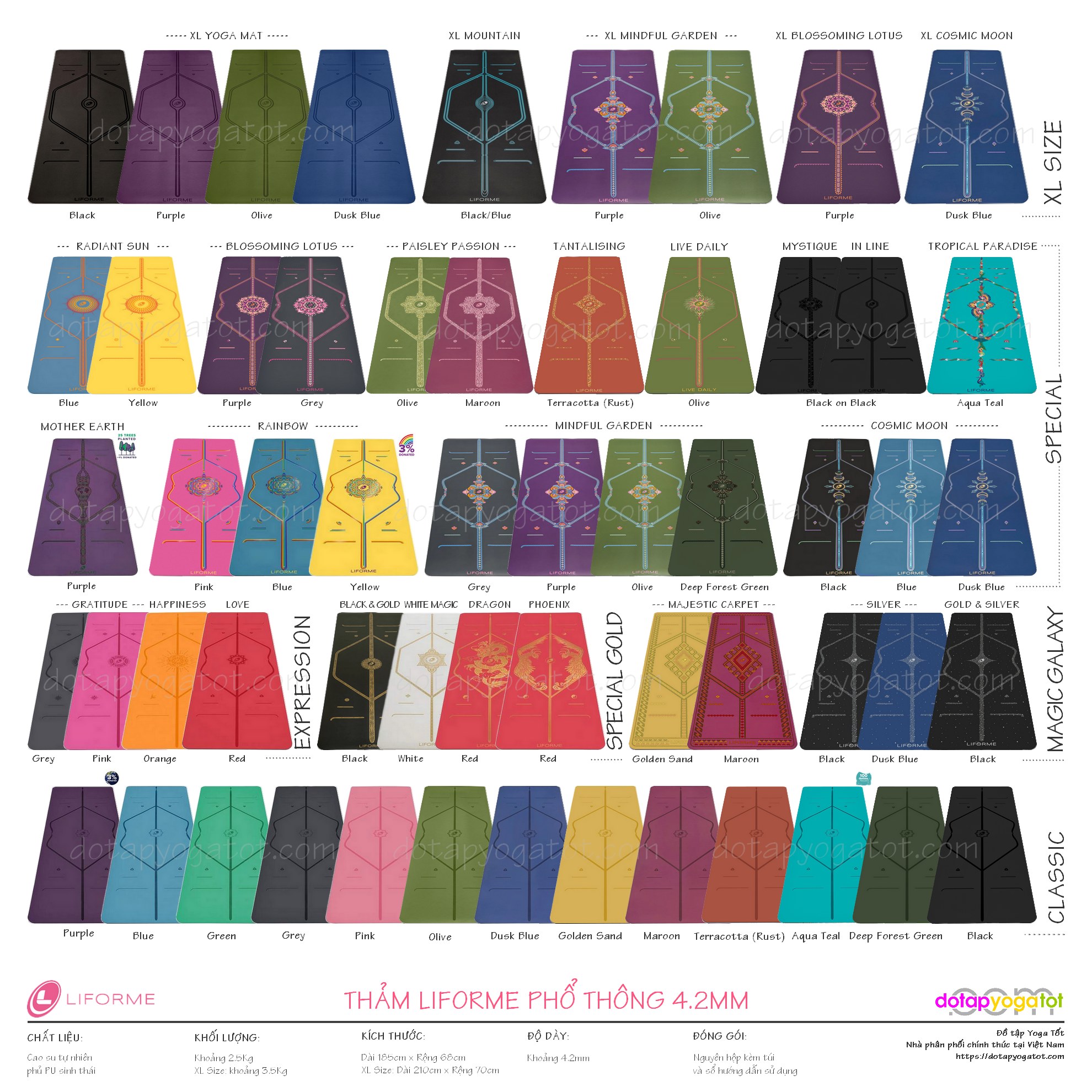 thiết kế và màu sắc các mẫu thảm Liforme phiên bản phổ thông dày 4.2mm dùng cho luyện tập hàng ngày