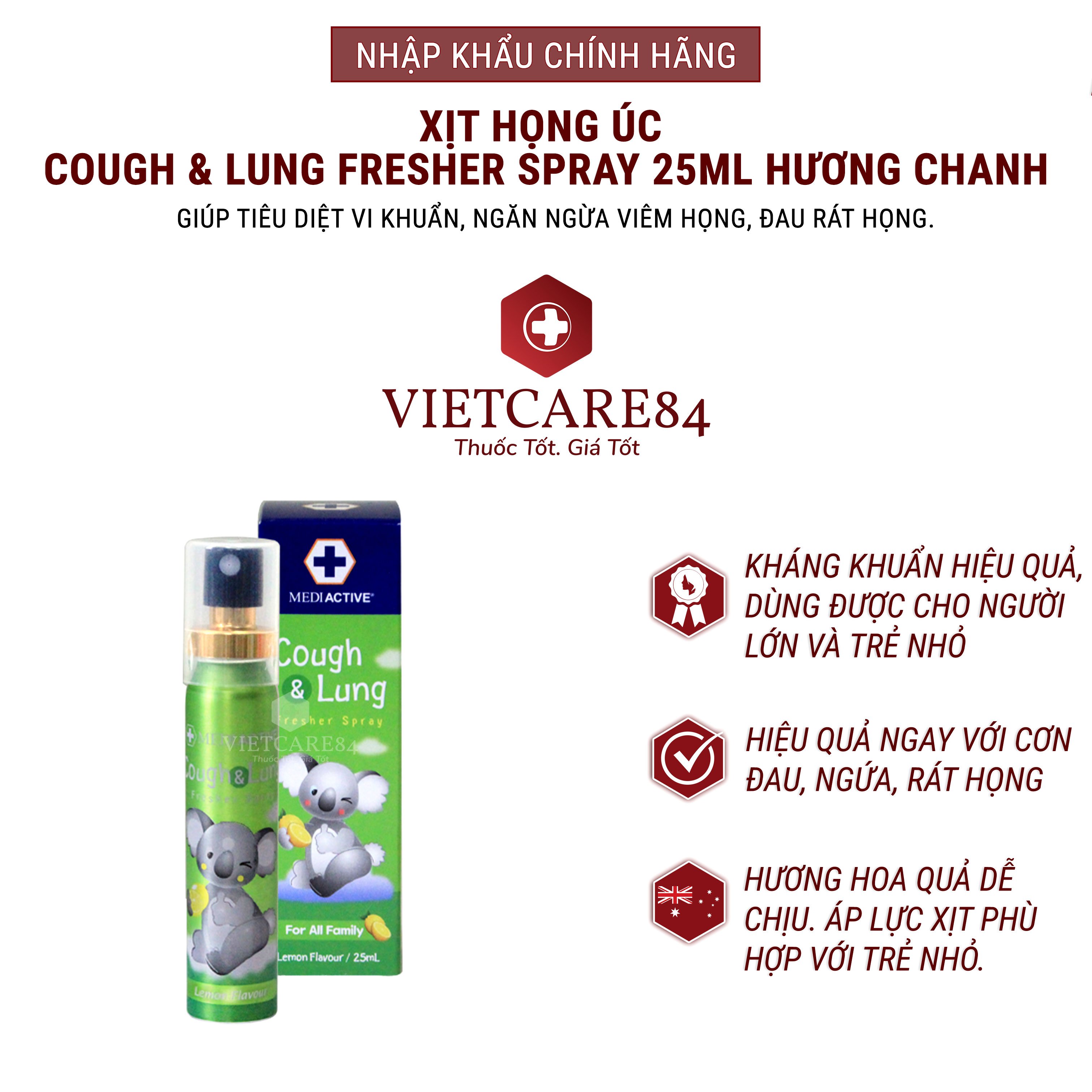 XỊT HỌNG ÚC COUGH & LUNG FRESHER SPRAY 25ML HƯƠNG CHANH