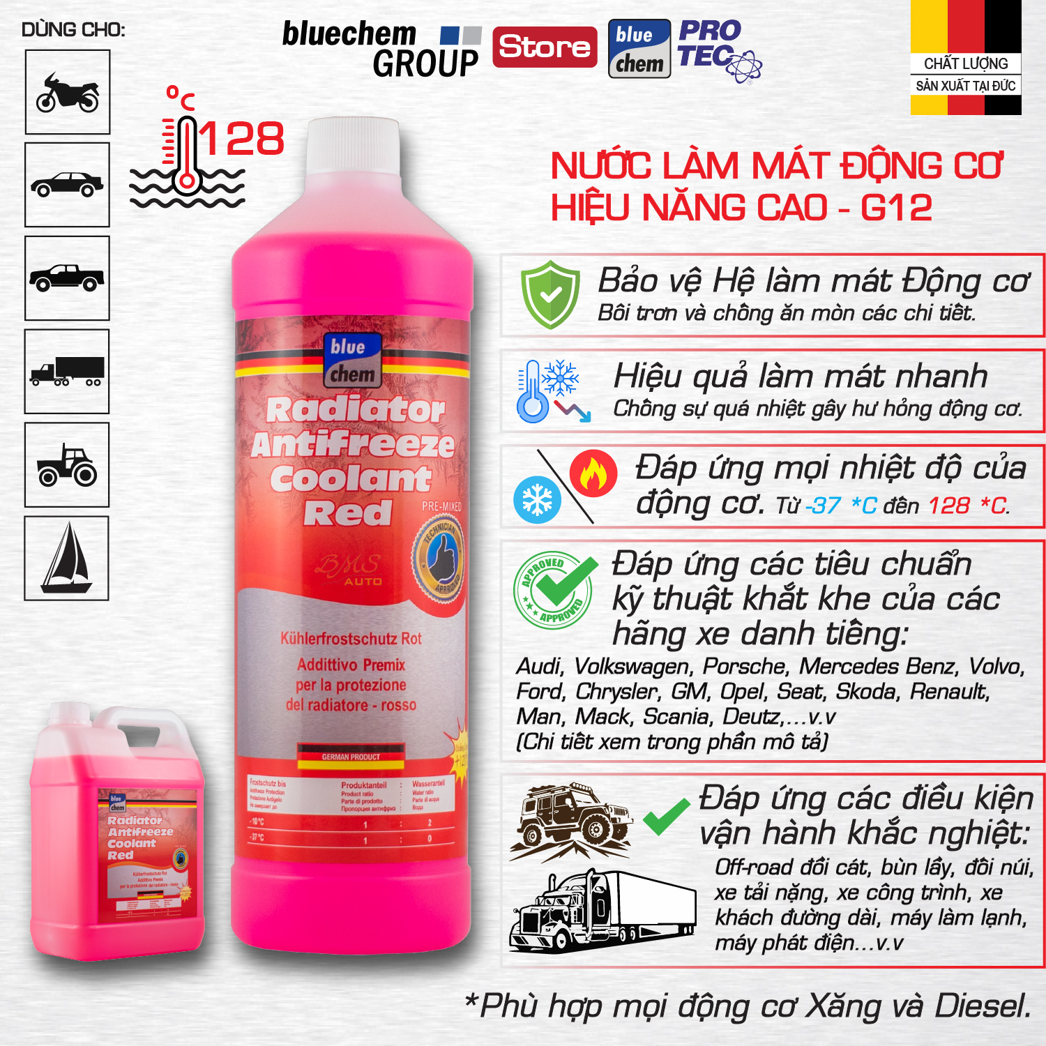 Nước Làm mát động cơ và chống đông G12 - màu Đỏ (bluechem Radiator Antifreeze Coolant Red)