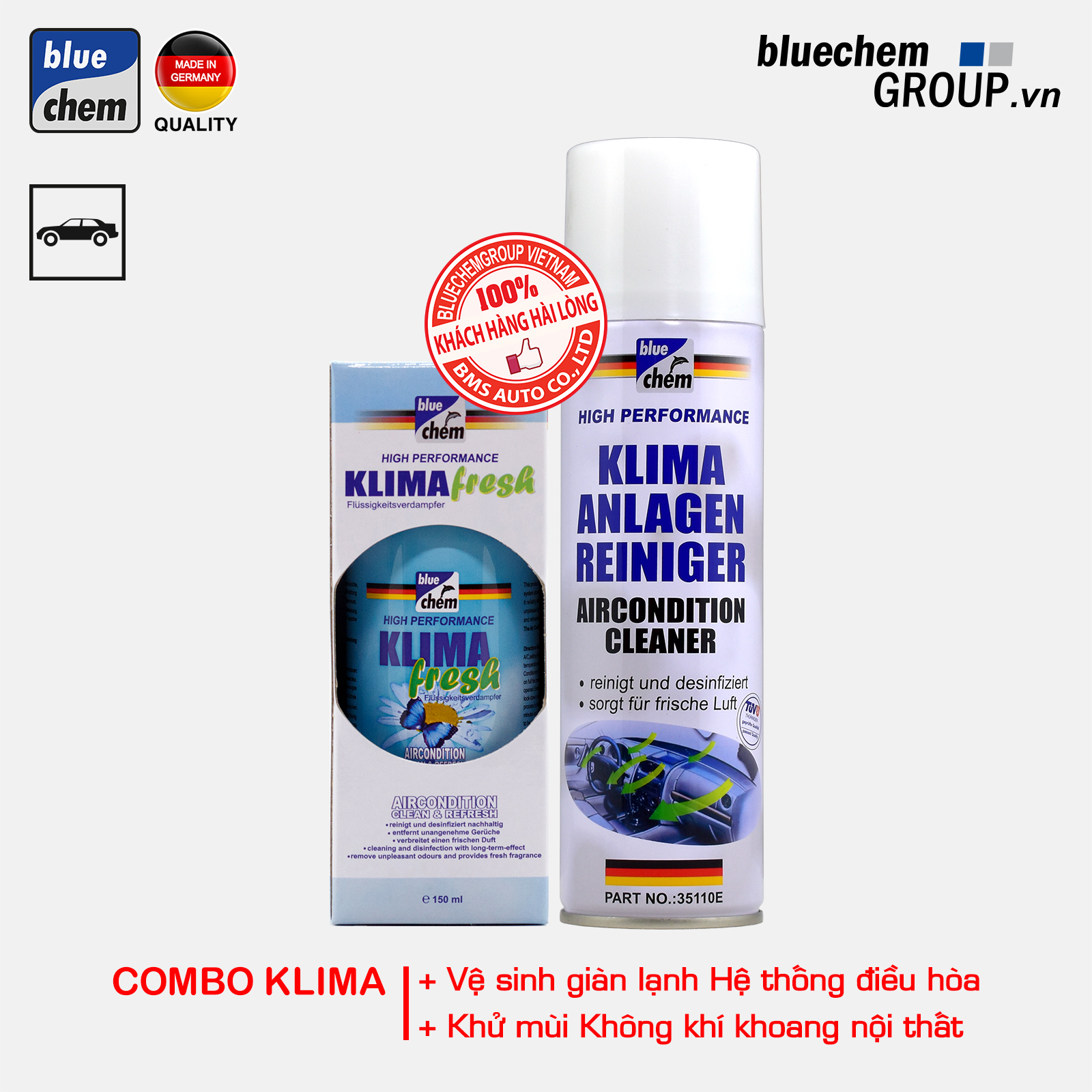 Combo bluechem Vệ sinh giàn lạnh điều hòa và Khử mùi không khí khoang nội thất Ô tô (Combo Klima)