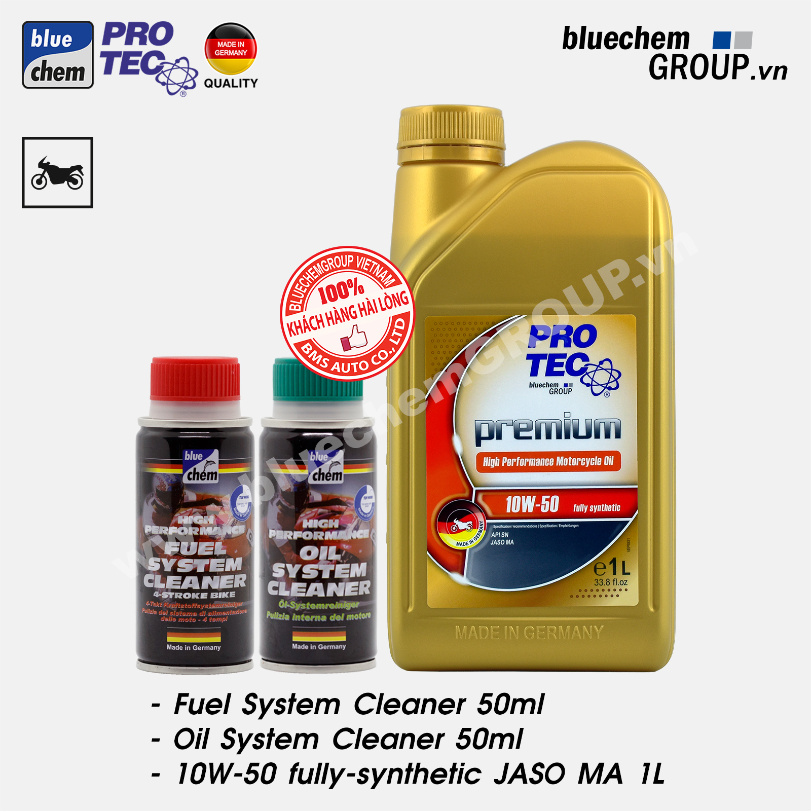 Combo bluechem Làm sạch và dầu nhớt Hiệu năng cao 10W-50 dành cho mô tô xe máy