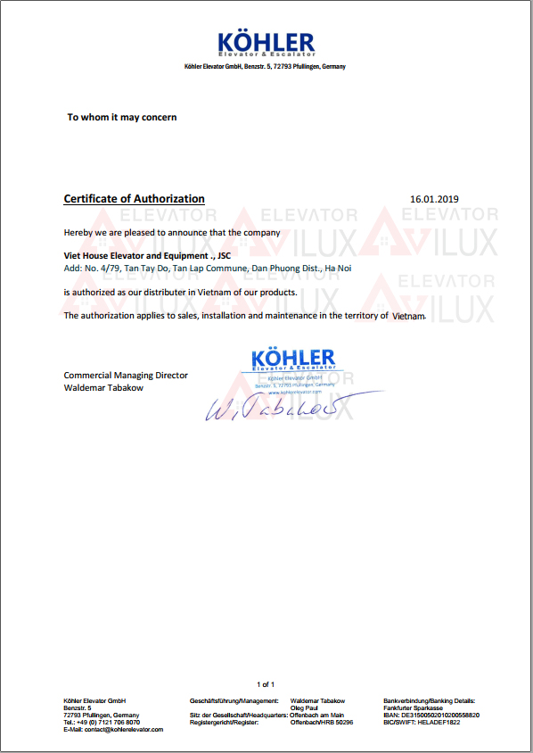 Chứng nhận phân phối thang máy Kohler - Đức