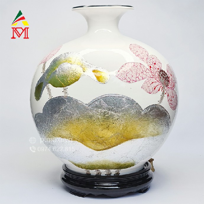 Bình Gốm Phòng Khách Nghệ Thuật Sơn Mài Men Trắng Khảm Hoa Sen