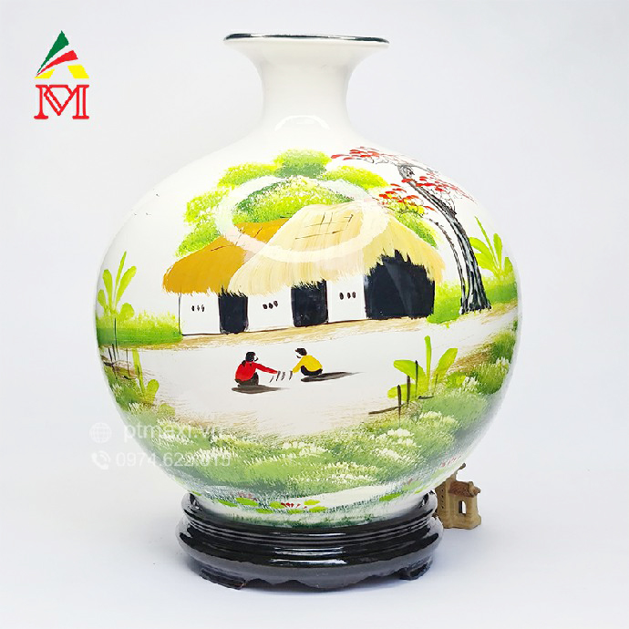 Bình Bát Tràng Sứ Trắng Chiêu Tài Hút Lộc Vẽ Tranh Đồng Quê Việt Nam