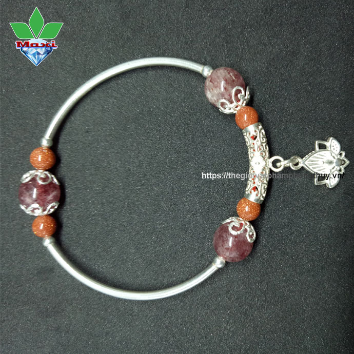 Vòng Tay Thạch Anh Dâu Hồng Mix Kim Sa Charm Bạc 925