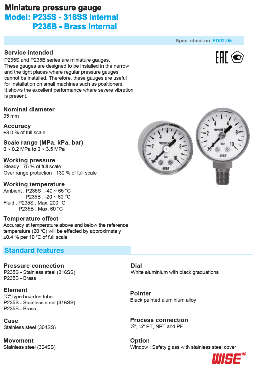 Pressure Gauge WISE. P235S/P235B