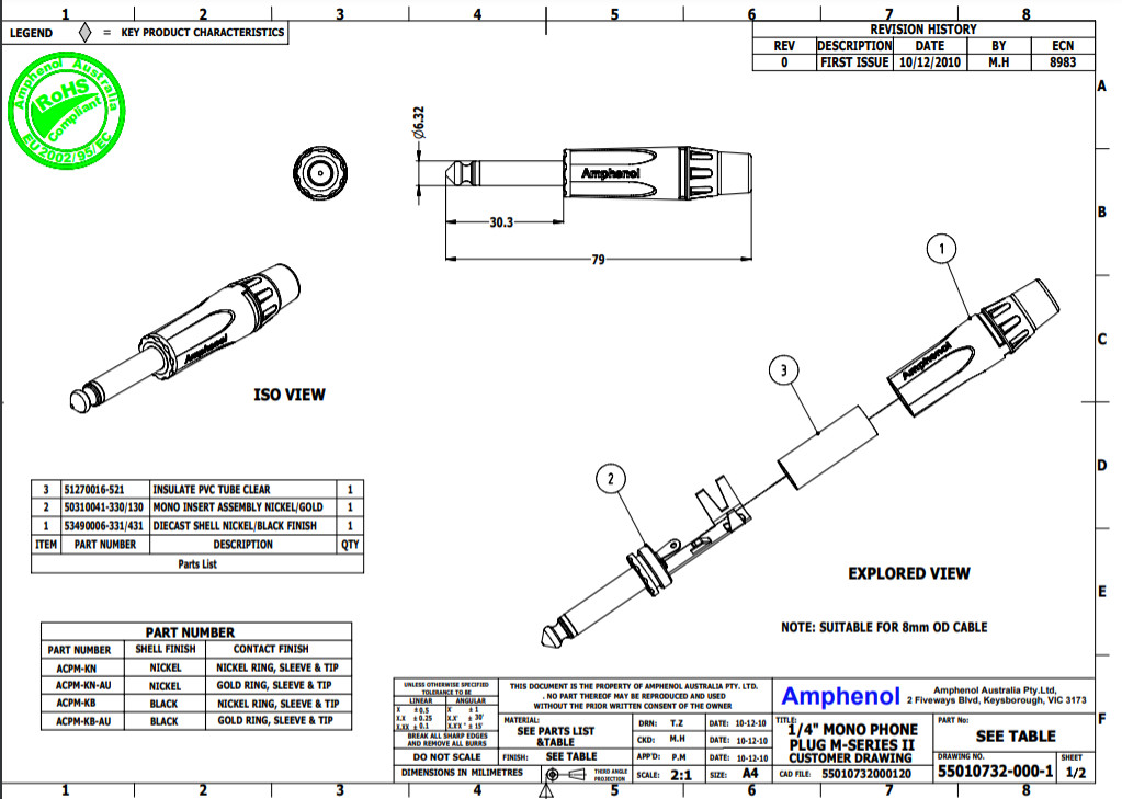 ACPM-KB-AU-  6.35  jack 6 ly  chính hãng AMPHENOL