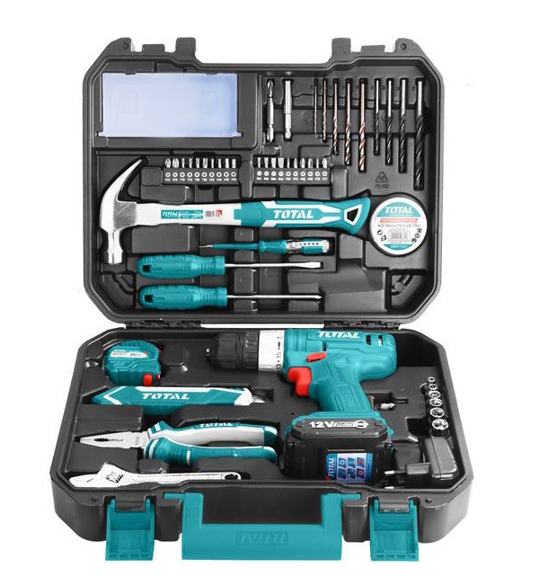 BỘ 127 MÓN BAO GỒM MÁY KHOAN DÙNG PIN 12V VÀ ĐỒ NGHỀ TOTAL - THKTHP11272