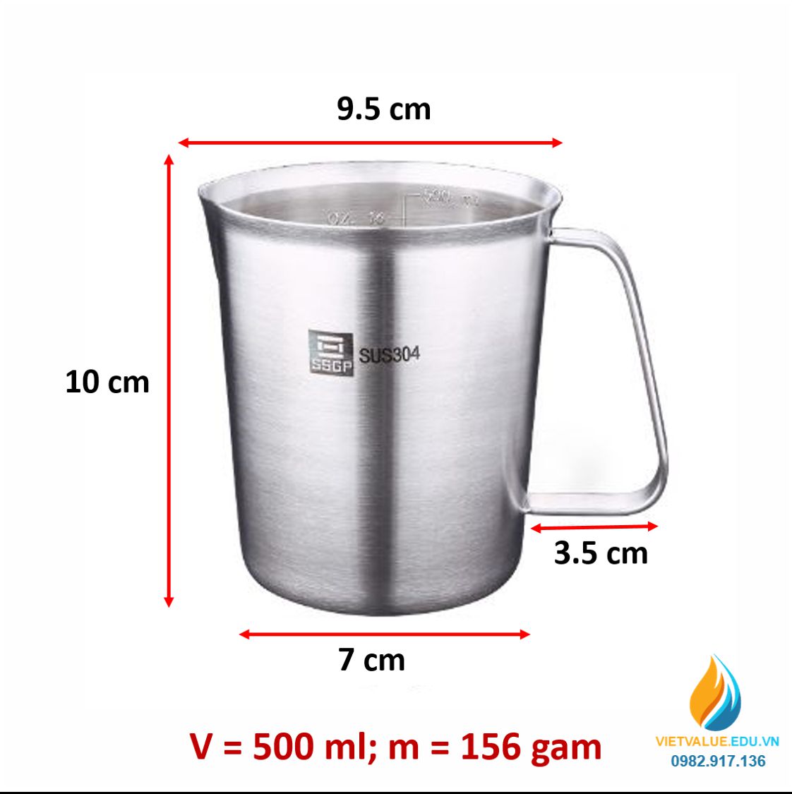 Ca inox 304 có chia vạch, có tay cầm, có mỏ, dung tích 500ml