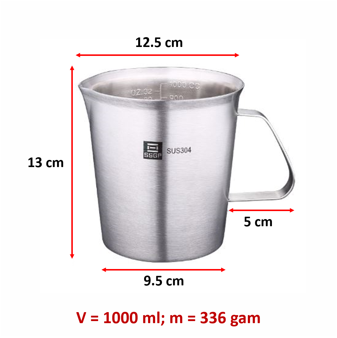 Ca inox 304 có chia vạch, có tay cầm, có mỏ, dung tích 1000ml