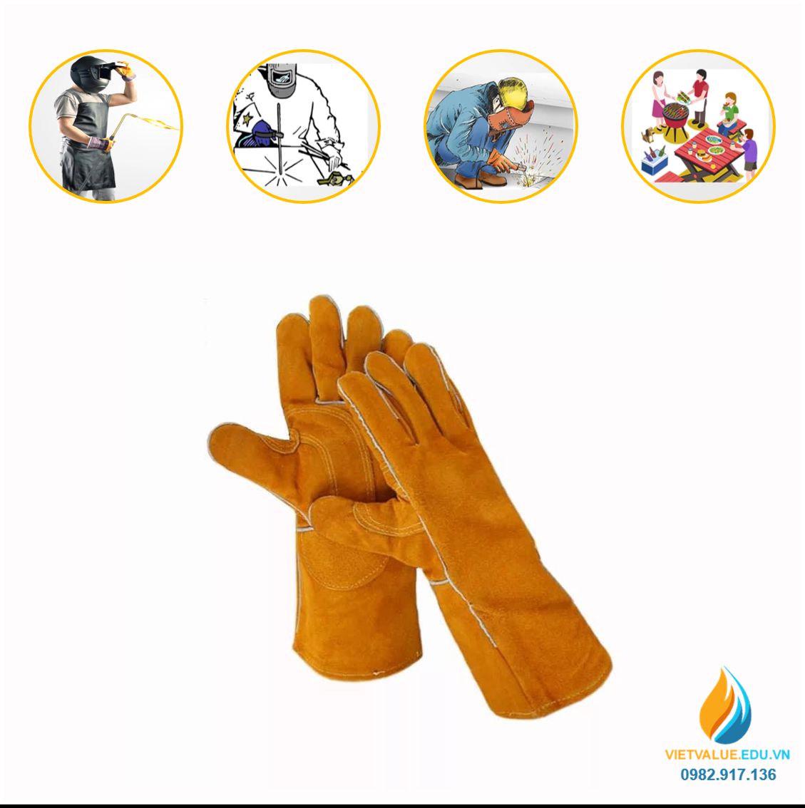 Găng tay da hàn, chống cháy, chống nóng cao - phụ kiện máy hàn que