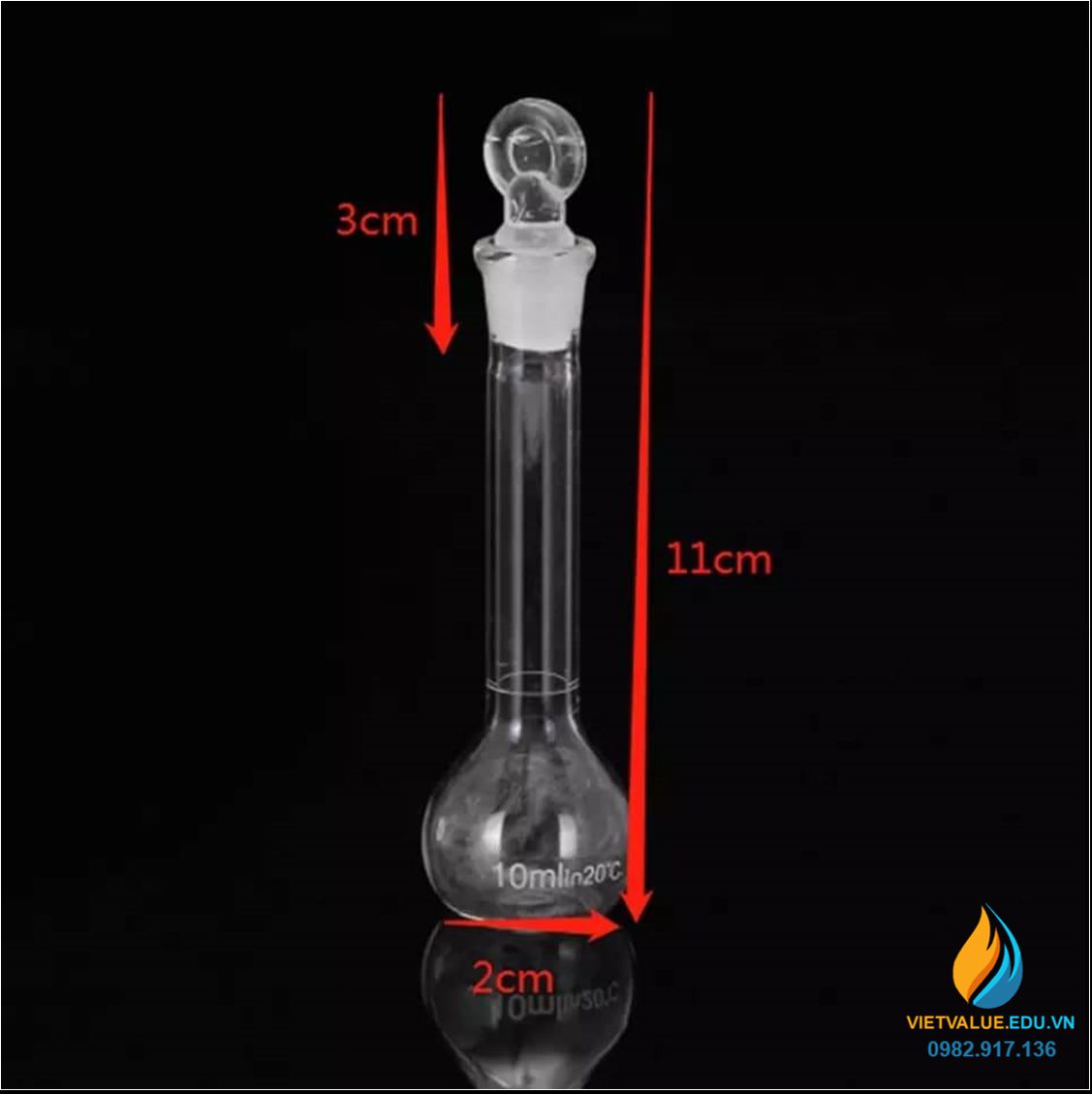 Bình định mức thủy tinh, màu trong suốt, nút cổ mài, thành dày, dung tích 10ml